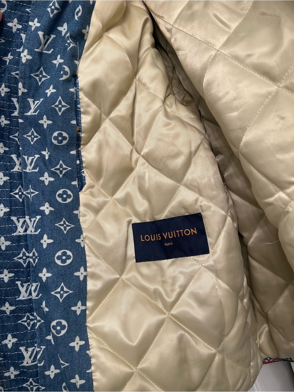 Louis Vuitton Beige Quilted Puffer with Blue Monogram Trim